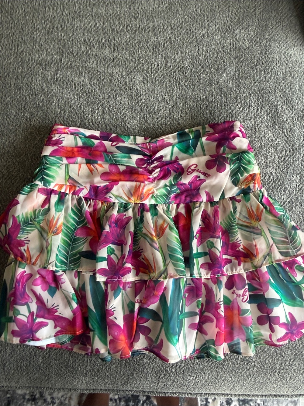 Guess White Mini Skirt with Pink & Green Tropical Floral Print size S